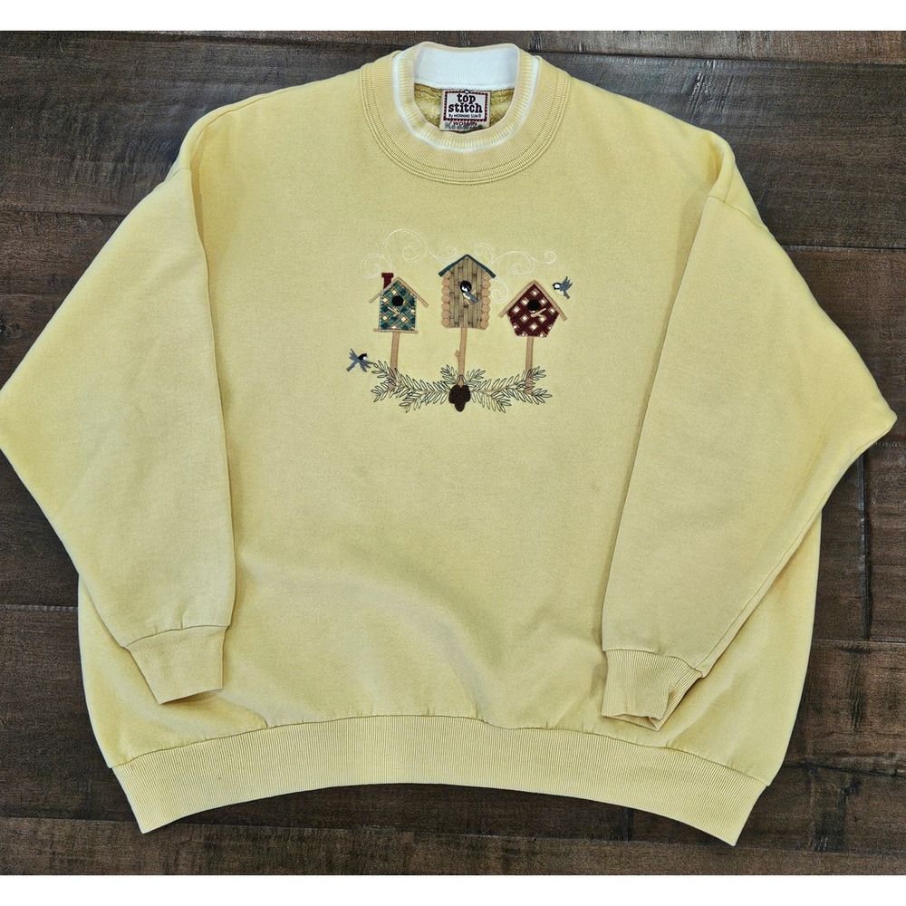 VTG 90'S Grandmacore Birdhouse Chickadee Cottage Sweatshirt Yellow Womens XL